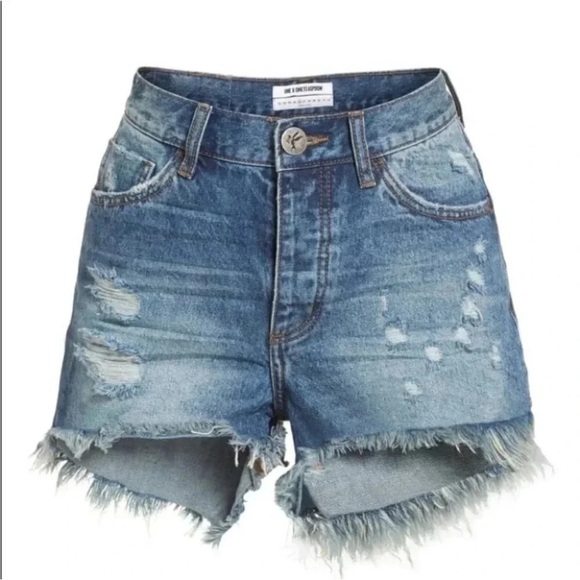 One Teaspoon High Waist Bonita Jean Shorts Blue Fringe Distressed Denim Cutoffs - Picture 14 of 15